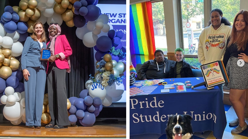 Left: Providence’s Muslim Student Association receives the New Student Organization of the Year Award; right: Charlotte’s Pride Student Union