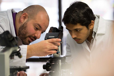 A student and professor looking at a microscope slide.
