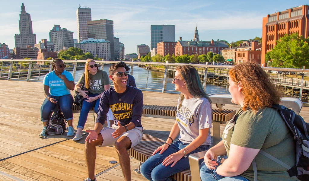 Students explore downtown Providence's newest feature, the Providence River Pedestrian Bridge.