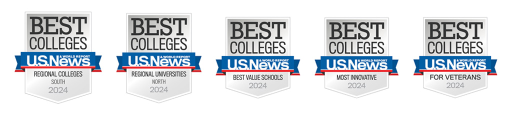 A row of typographic badges representing JWU’s 2022-23 rankings (left-right): U.S News, Wall Street Journal/Times Higher Education and Money Magazine
