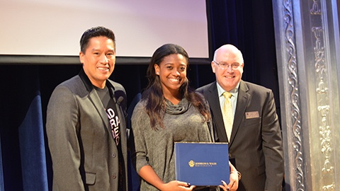 Scholarship winner Chauncey Thompson-Quartey, pictured with Poon Tip and Dean McVety.