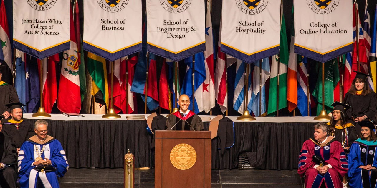 Chancellor John Bowen '77 and Providence Mayor Jorge Elorza who delivered greetings on behalf of the city.