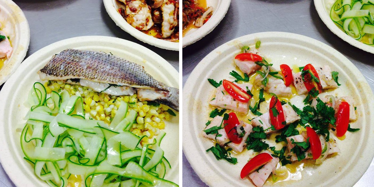 Two finished dishes: Scup with corn and zucchini ribbons and Spiny Dogfish with tomato and basil.