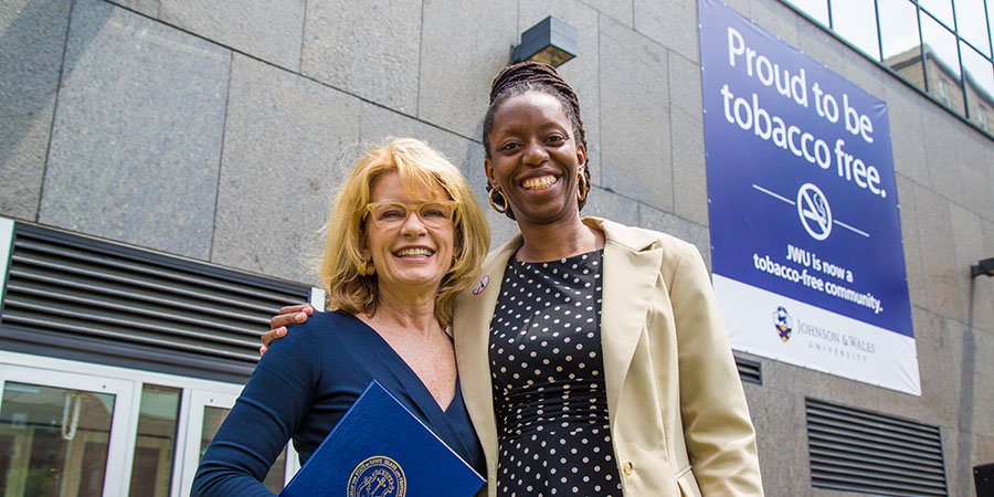 JWU Providence Campus President Mim Runey (L) with Director of the RI Department of Health Dr. Nicole Alexander-Scott (R)