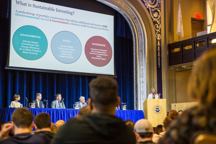 A speakers’ panel for a forum on Sustainable Investing included industry professionals from Hasbro, PepsiCo, Ecolab, Johnson & Johnson, Bank Rhode Island and Ernest Young.