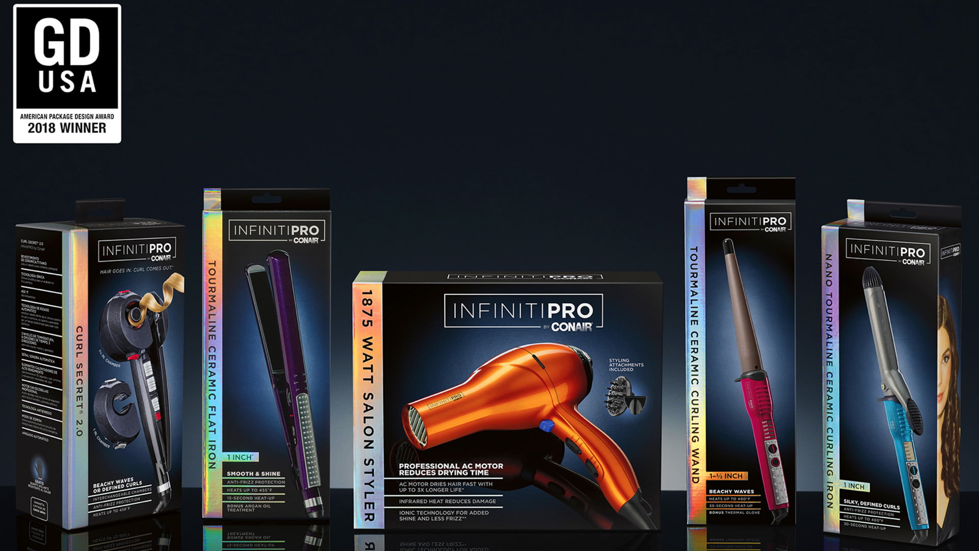 A photo of the 2018 winner of the American Package Design competition, a package for CONAIR's Infiniti Pro hair tools.