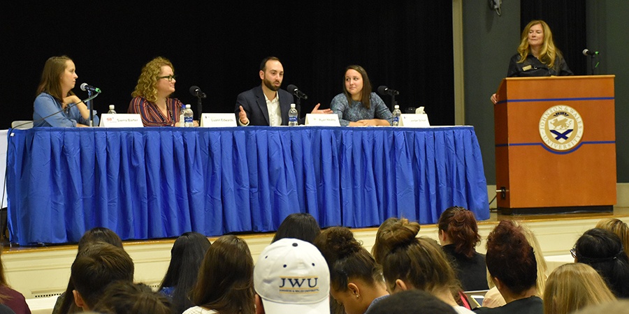 Four JWU alumni reconnect on campus to talk about digital marketing and social media careers.