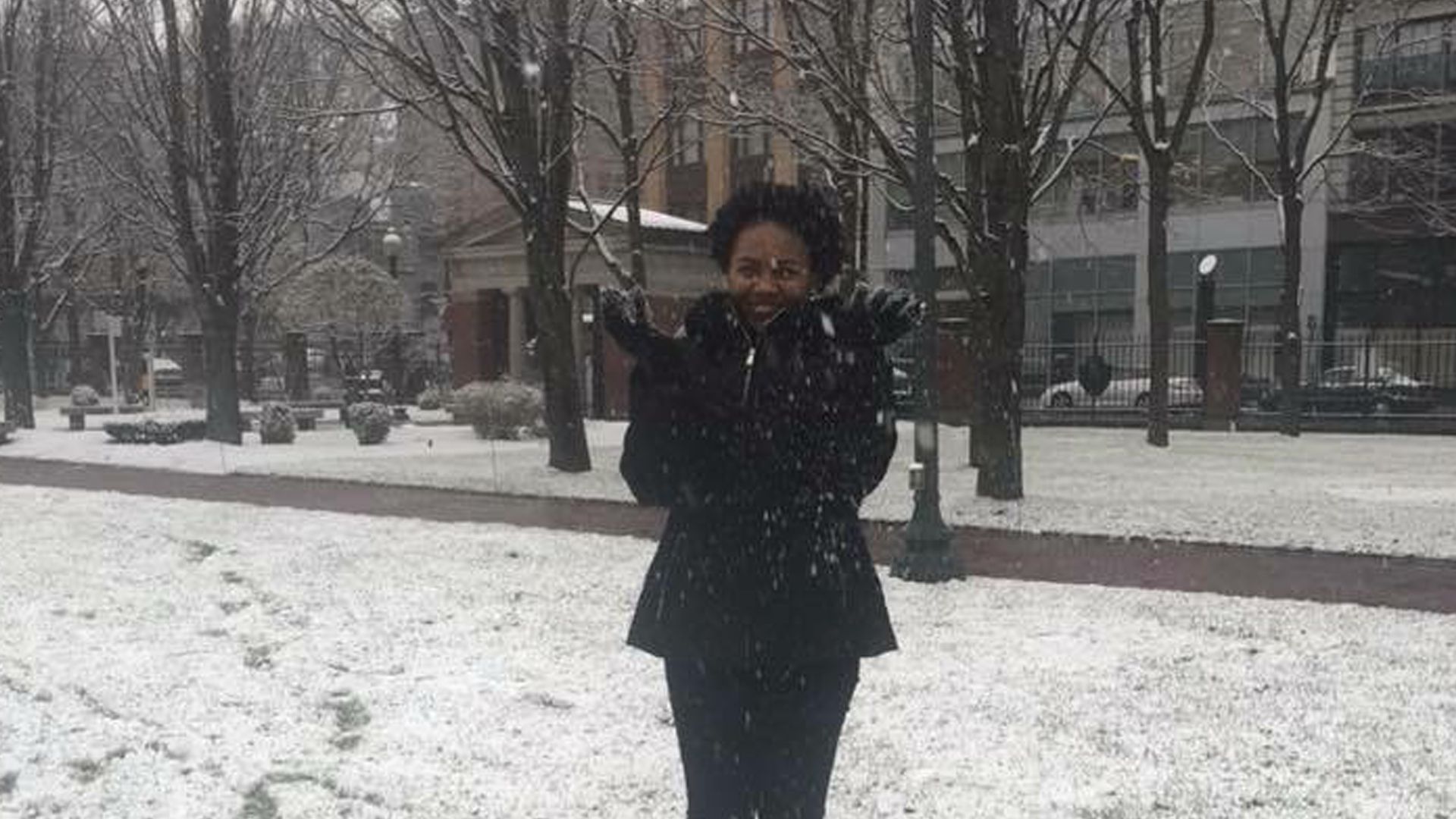 Kenria Taylor enjoying the snow on the Providence Campus