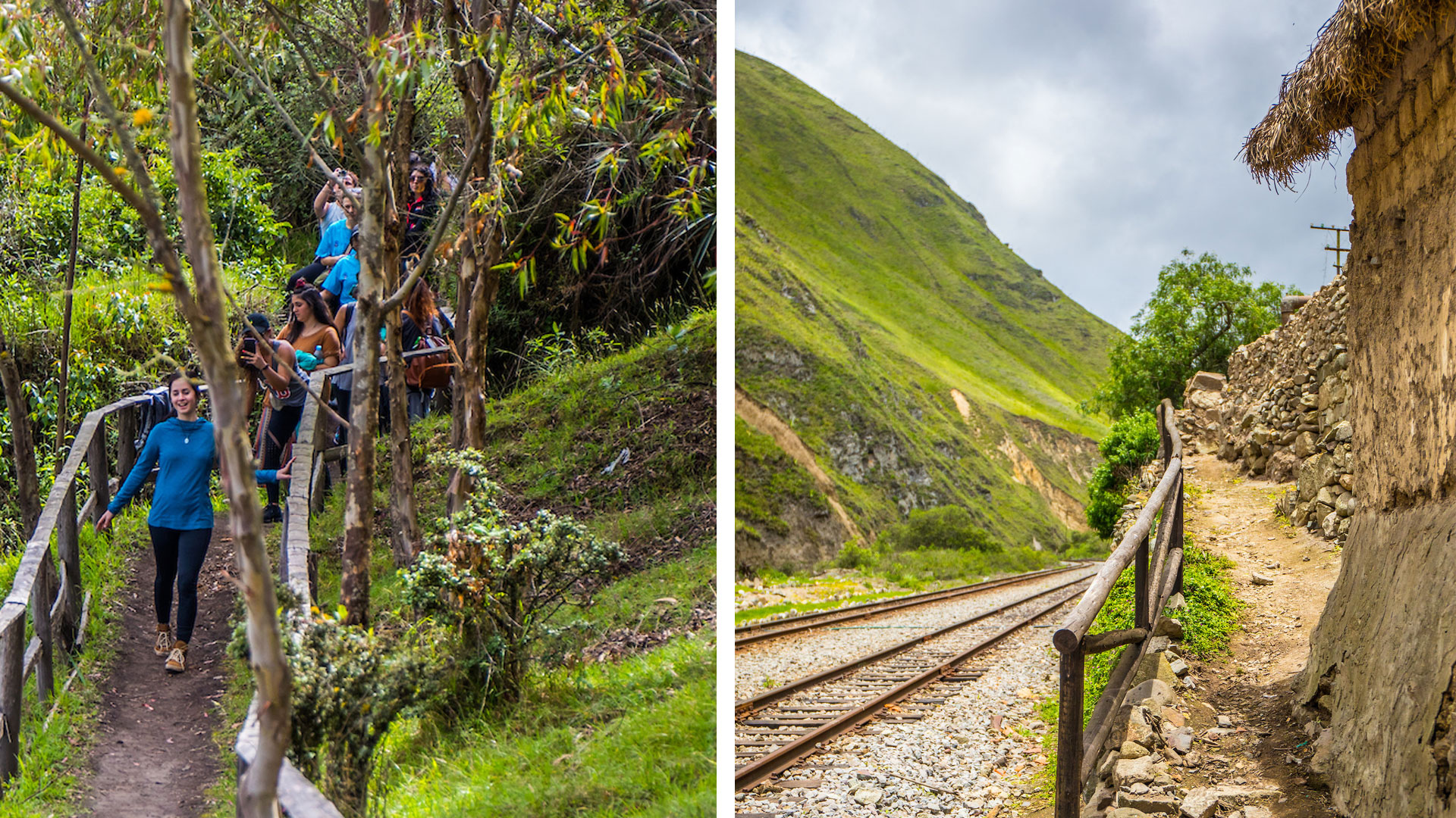 Students hiking at Cuicocha Lake in the Andes, Railroad track for the Devil’s Nose train