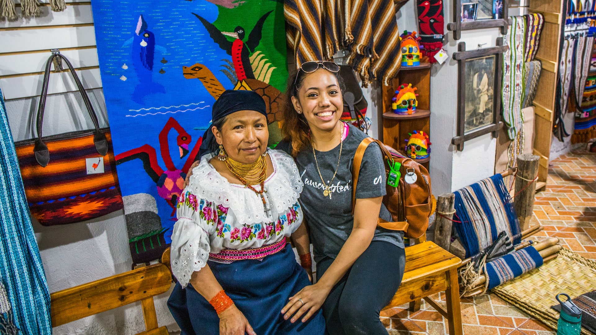 Rebecca Cruz with local textile designer in her shop and studio