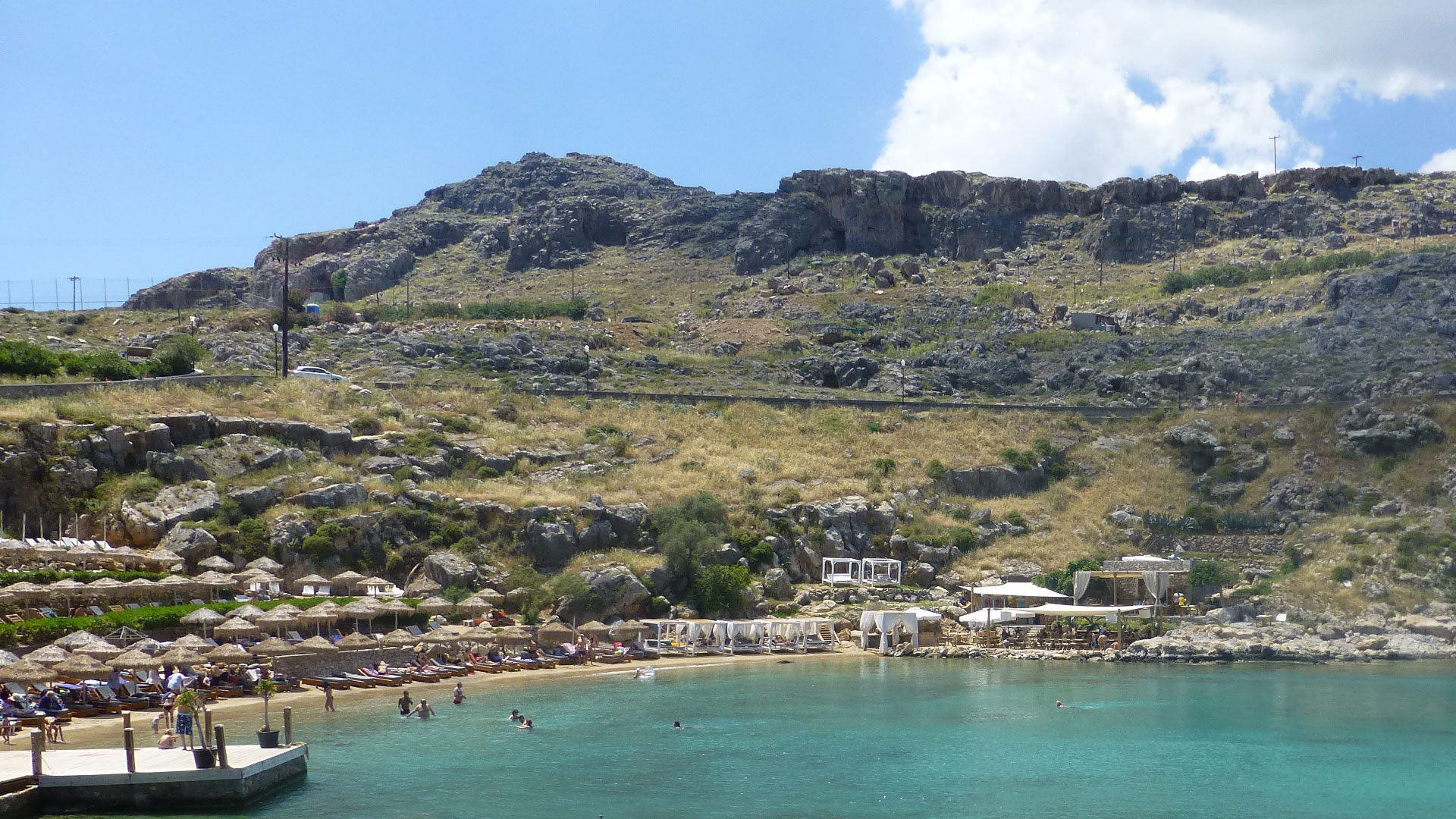 St Paul Bay offers a nice sandy beach for a swim in the Aegean Sea.