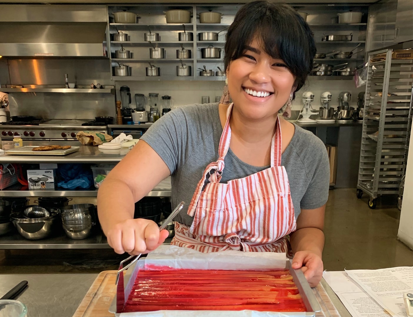 Kayla Hoang working on rhubarb tart.
