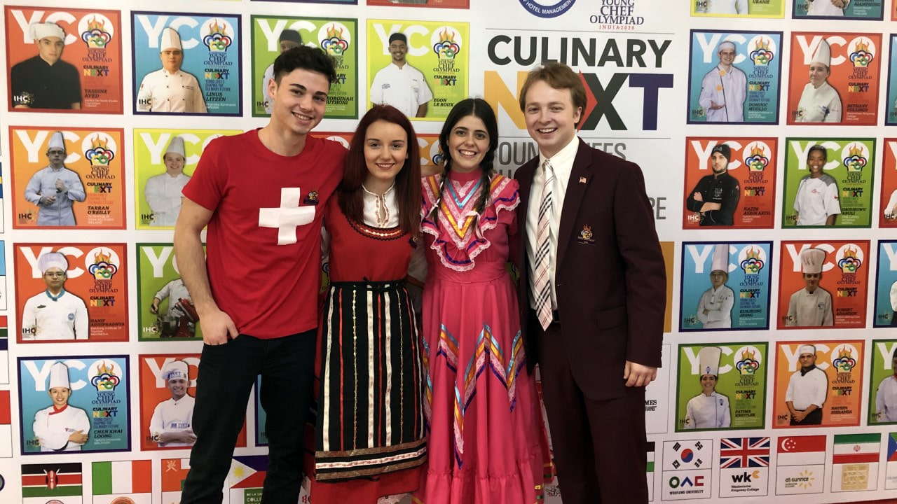 Mihail (Switzerland), Bobby (Bulgaria), Fatima (Mexico) and Sam Farley (USA) at the Young Chef Olympiad