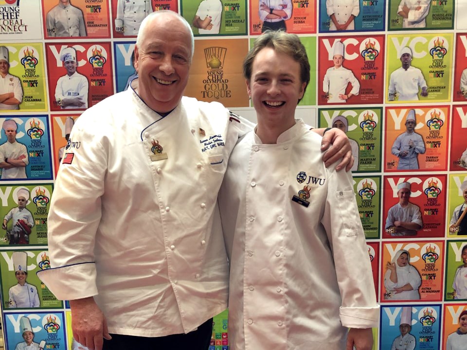 Chef Rainer Hienerwadel (left) and Sam Farley (right) at the Young Chef Olympiad