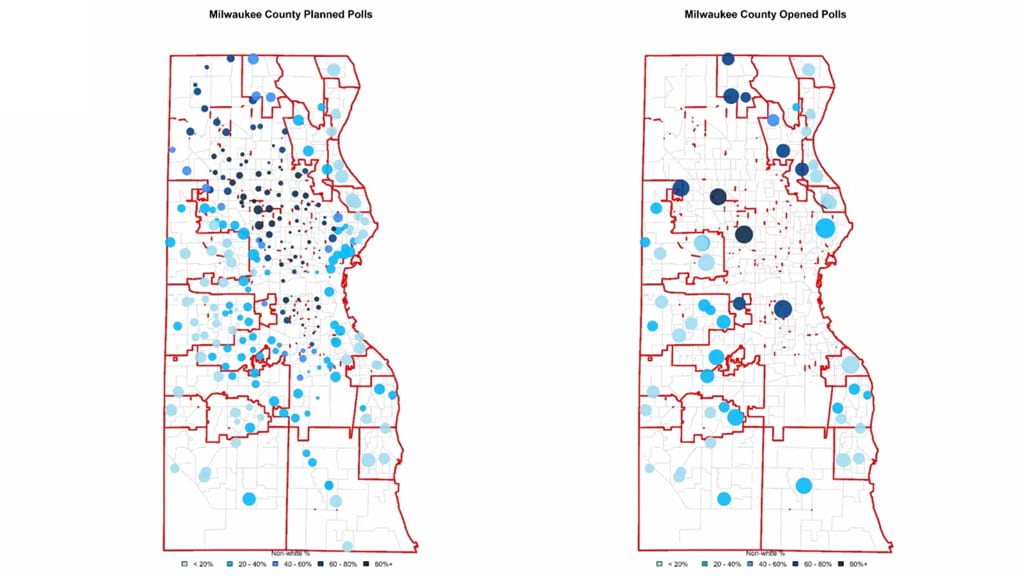 Side-by-side comparison graphic of planned polls vs. opened polls in Milwaukee County.
