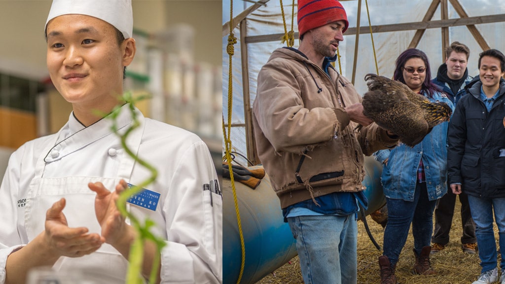 left, a student in a plant-based culinary class; right, a farmer displaying a chicken to a visiting JWU class