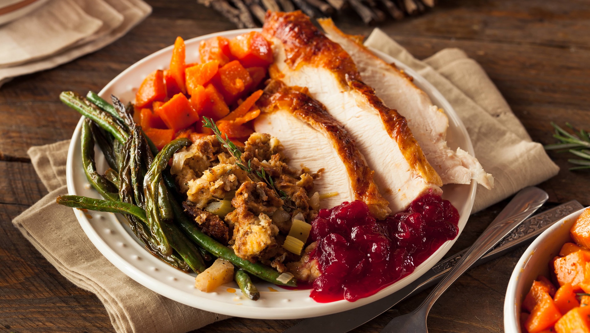 Plate full of turkey, stuffing, green beans, cranberry sauce