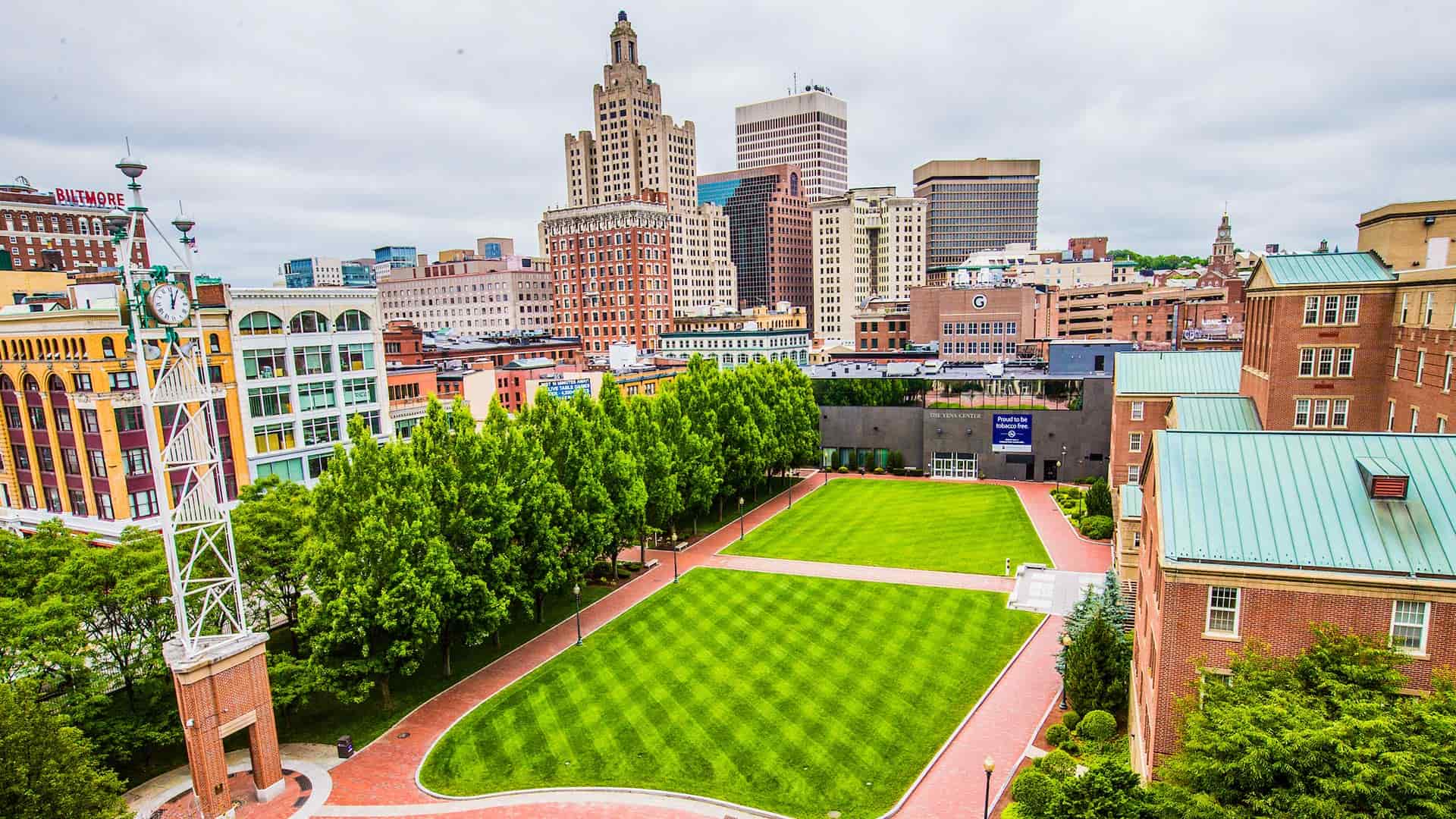 An aerial view of Gaebe Commons and the Providence skyline