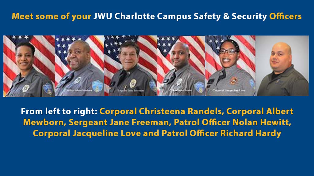 a banner containing the headshots and names of six JWU Charlotte campus officers of varying rank