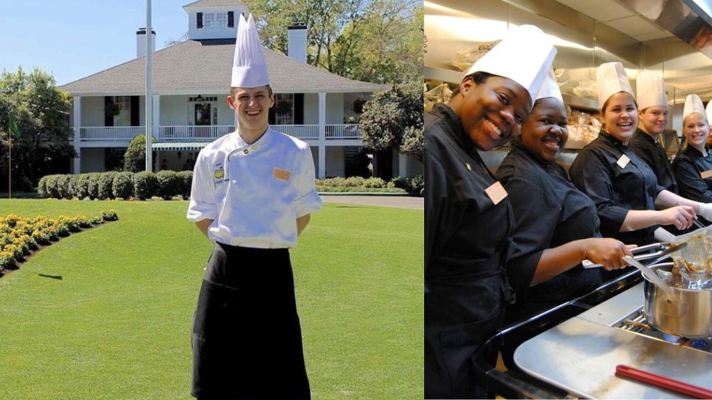 One JWU student in chef uniform in front of clubhouse; group of students working in kitchen