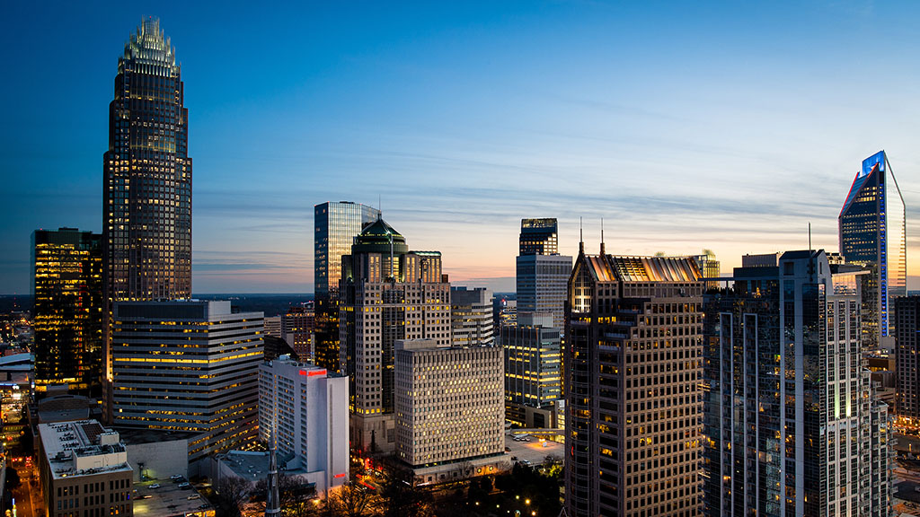 The Charlotte city skyline at sunset