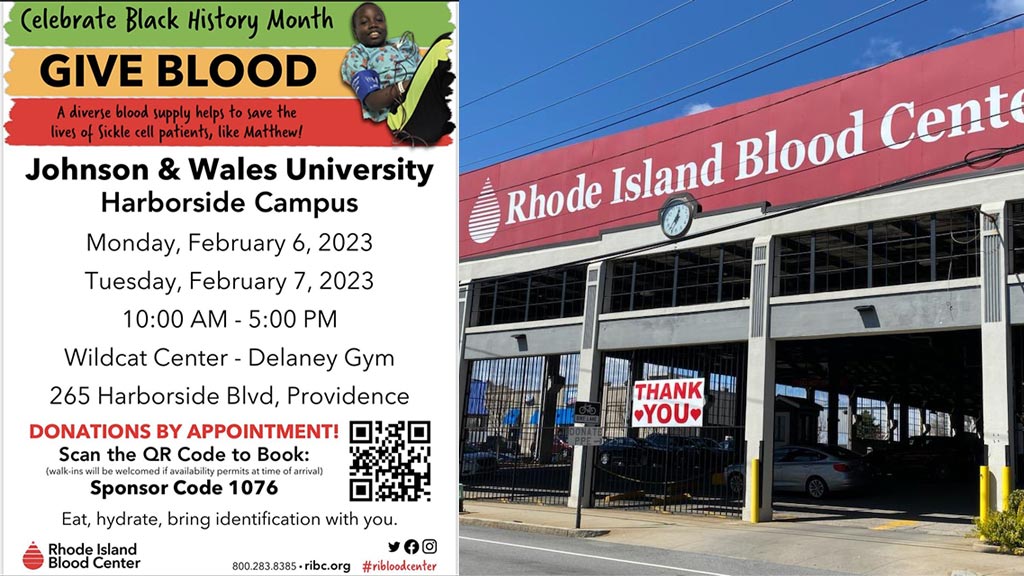 photo collage; left photo shows a poster of a February 2023 JWU blood drive; right photo shows the RI Blood Center's Providence donor center
