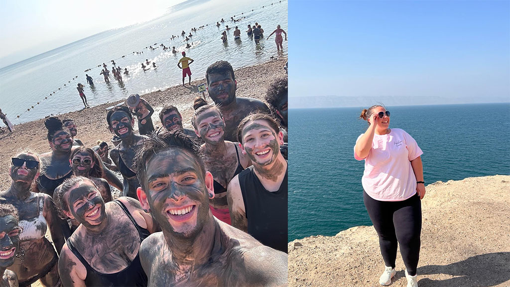 Two photos of JWU students in front of the Dead Sea