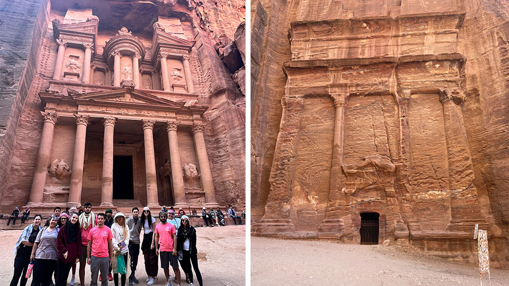 Two  images of tomb entrances in Jordan with JWU students in front