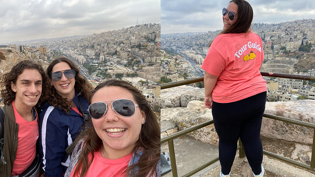 Two photos of JWU students overlooking a vista in Jordan