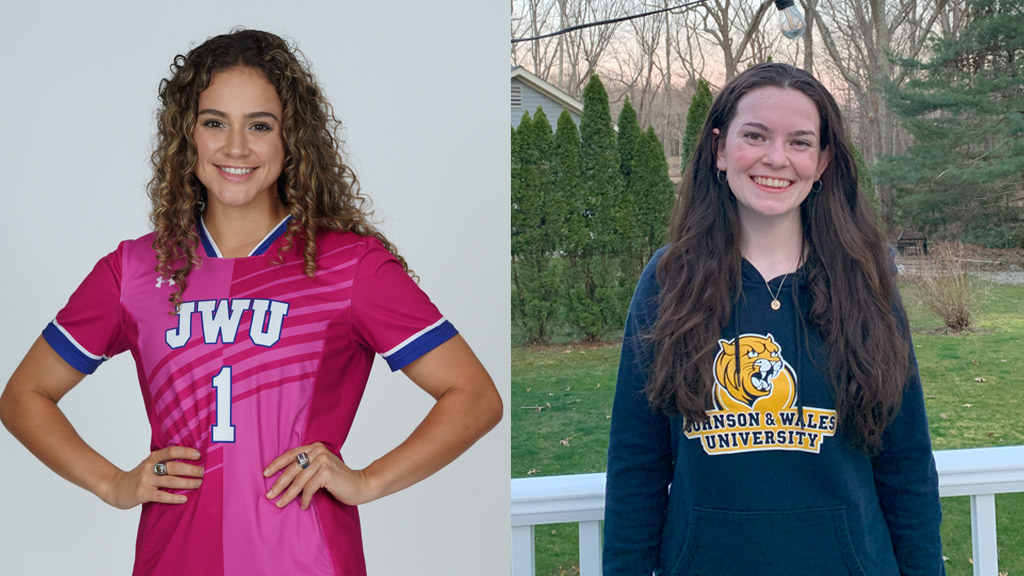 a photo collage of two different young women posing and smiling in JWU shirts