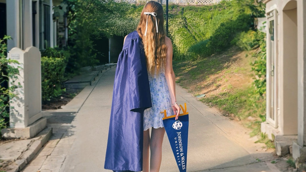 a photo taken from behind of a young woman holding a JWU banner