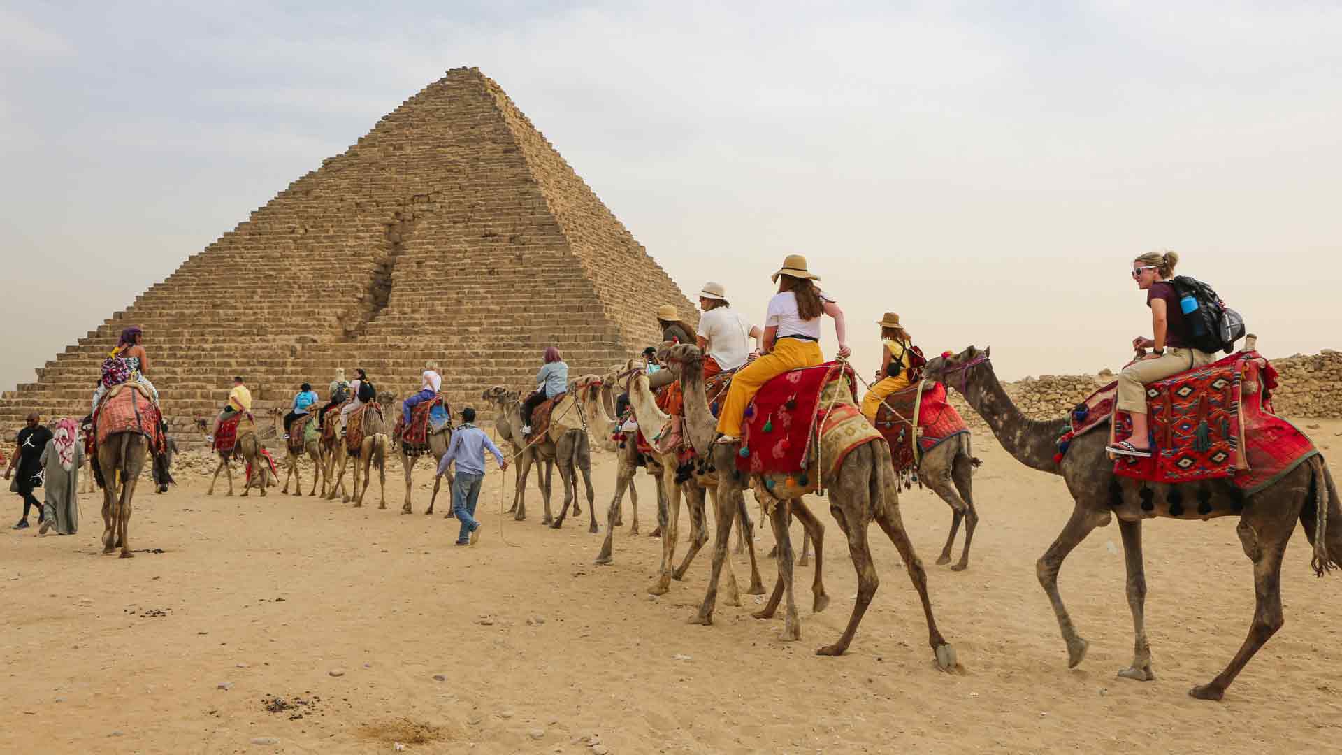 Students ride camels in Egypt towards Giza pyramids.