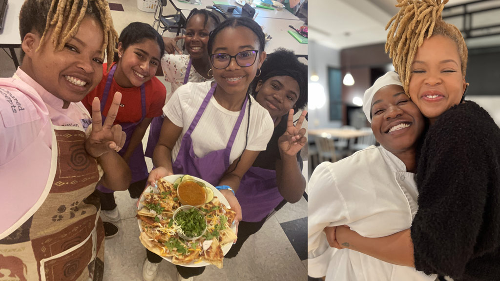 collage photo showing Gillian Howard '20 with children in her Junior Cultured Chefs program as well as a photo of Gillian Howard '20 posing with Aniyah Robinson '24