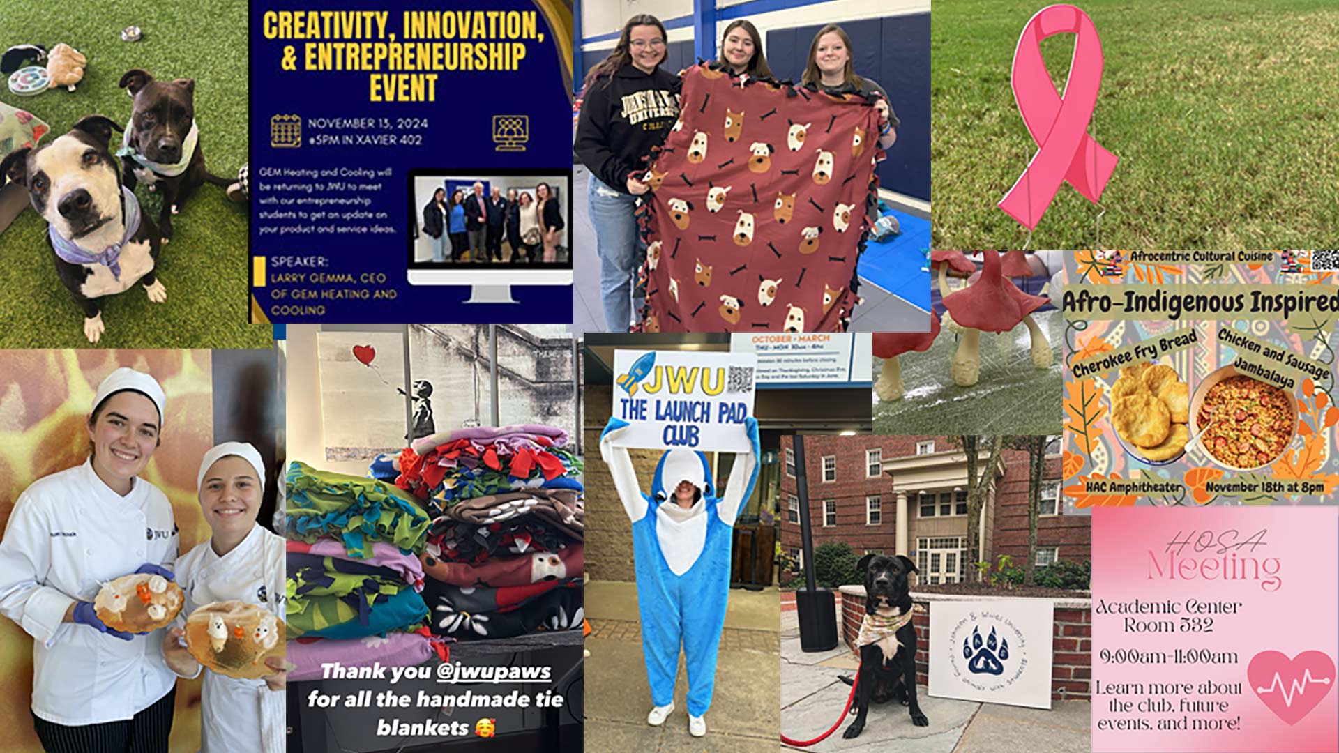 a collage containing different photos of students, activities and flyers for various clubs