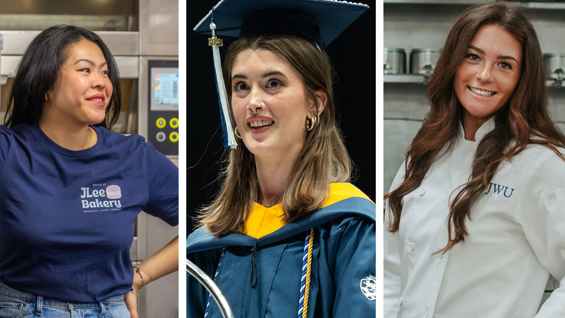2025 Commencement Student Speakers, left to right: Jennifer Lee '25, Savannah Riley '25 and Amelia Warfel '23, '25 M.A.T.