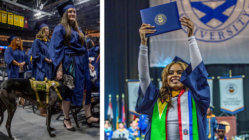 Left: A soon-to-be grad with her canine assistant. Right: A jubilant new grad holds up her diploma.
