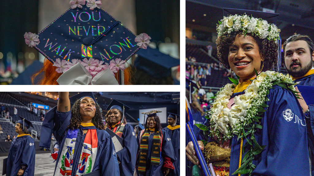 Collage of 2025 Providence Commencement highlights, clockwise from top left: Decorated mortarboard, flower headdress and a jubilant grad.