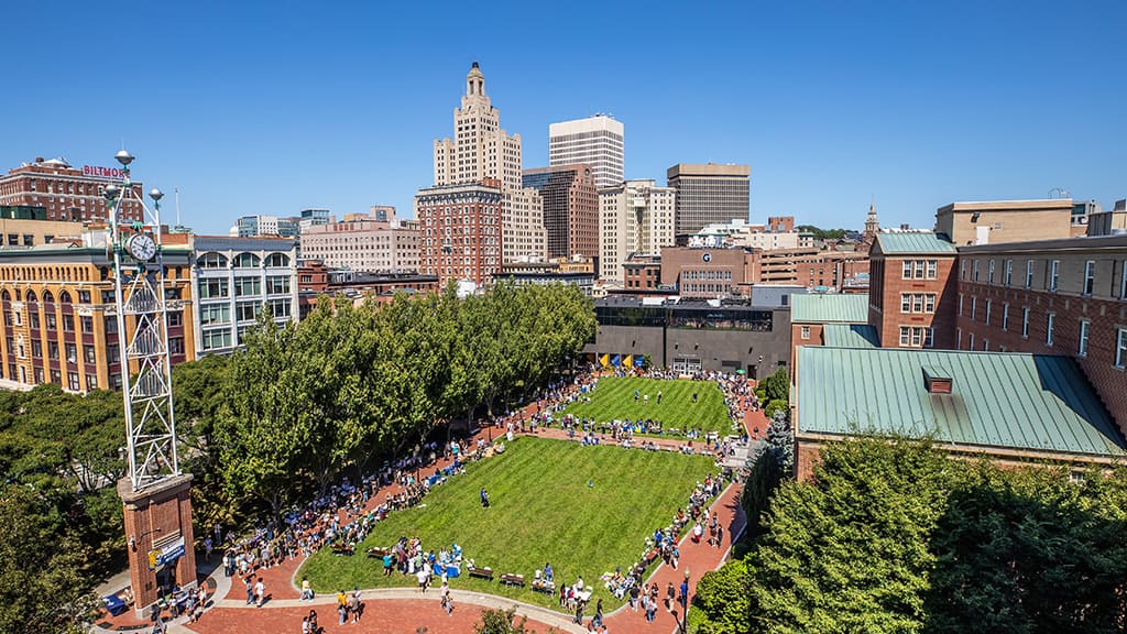 Arial shot of the Downcity Campus featuring Providence skyline
