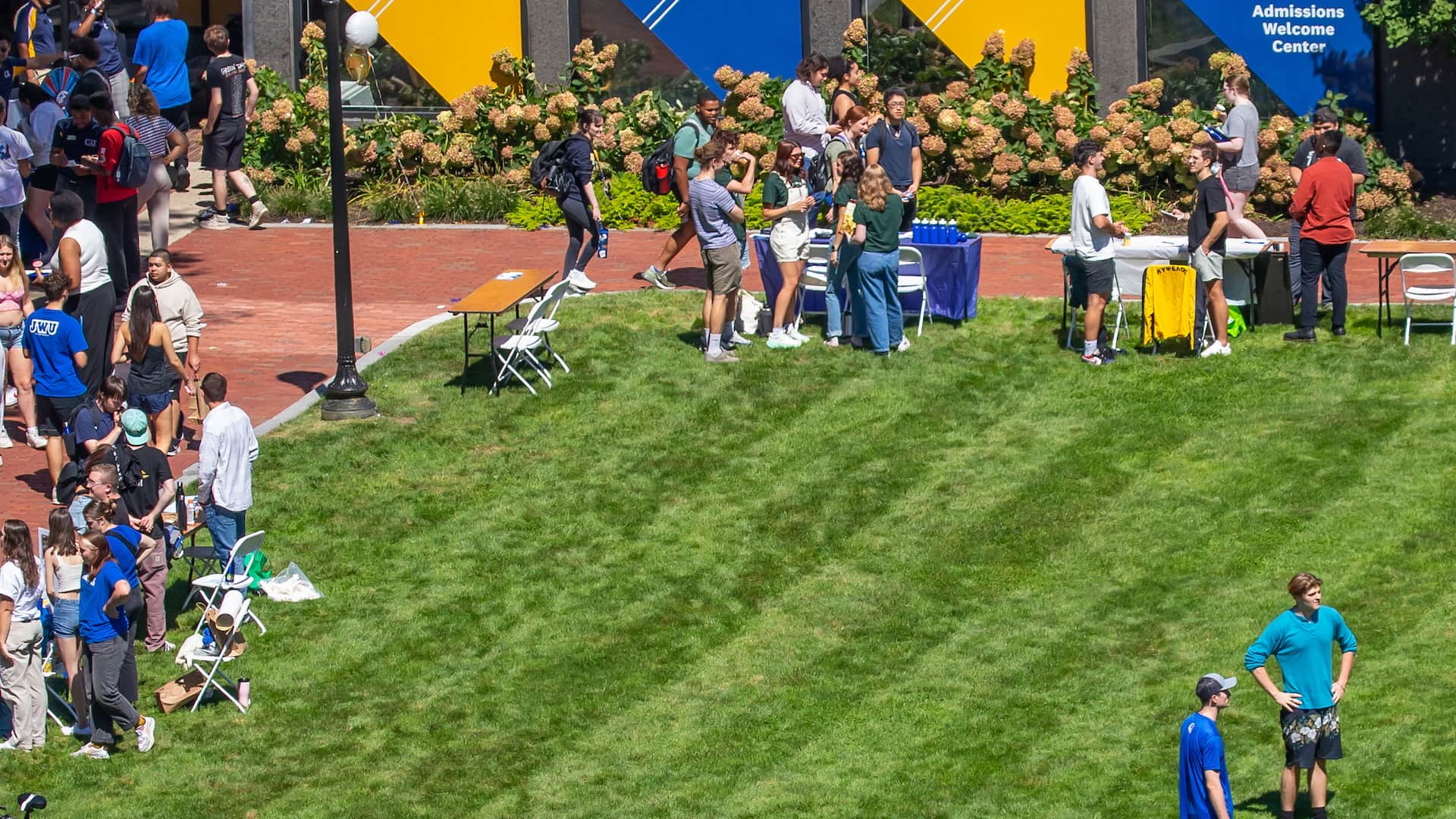 Overhead shot of students gathering on Gaebe Commons