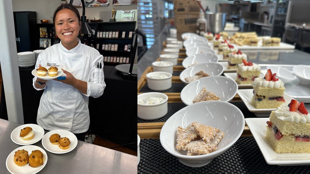 photo collage of Madison Chan '26 with desserts she's made and a closeup of the plated desserts
