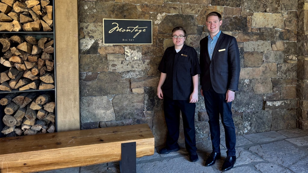 Caleb Risher '26 and Breandan Aslin '16 inside the Montage Big Sky