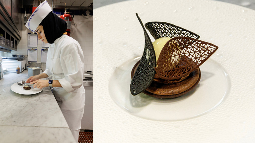 collage of Fatima Khan '27 preparing dessert and a close-up photo of the dessert