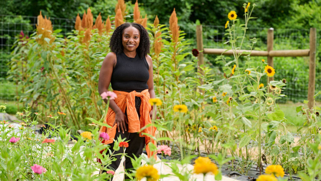 photo of Mariah Henry '19 standing among a field of flowers she grew