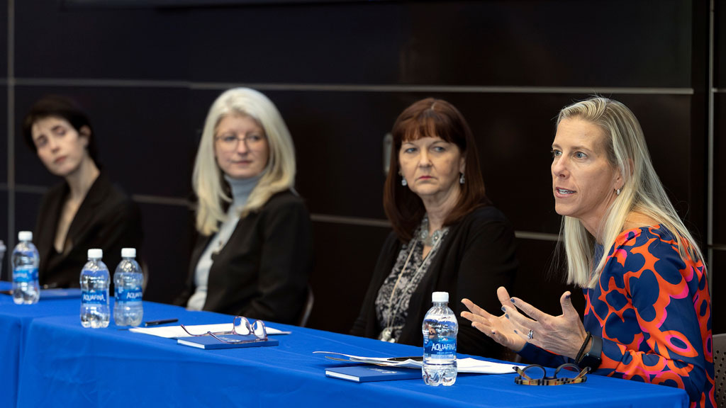 Gazerro, Diamond, Torregrossa and Brow discussing the benefits and drawbacks of AI in classrooms. 