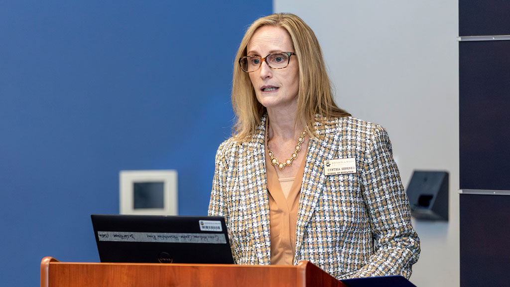 Cynthia Senenko speaking at the School of Education AI Panel. 