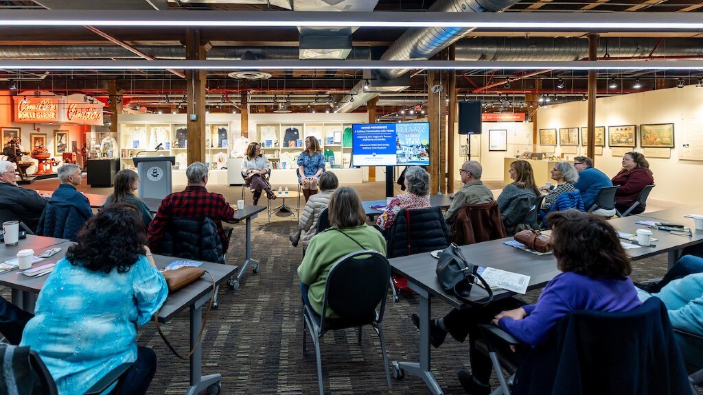Attendees listen to Amy Traverso and Elyse Major at JWU's Culinary Arts Museum.