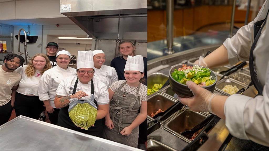 Collage of students with sustainable food and finished dish