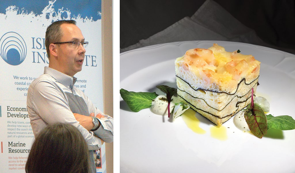 James Griffin, left, speaks to the Island Institute in Maine. Right: Some of his sea-veggie creations  include a sugar kelp, rock shrimp, haddock and ricotta lasagna with mozzarella gratinée and oyster cream.