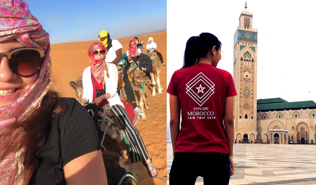 Two images of students in Morocco; at left students ride camels and at right a student stand in front of a mosque