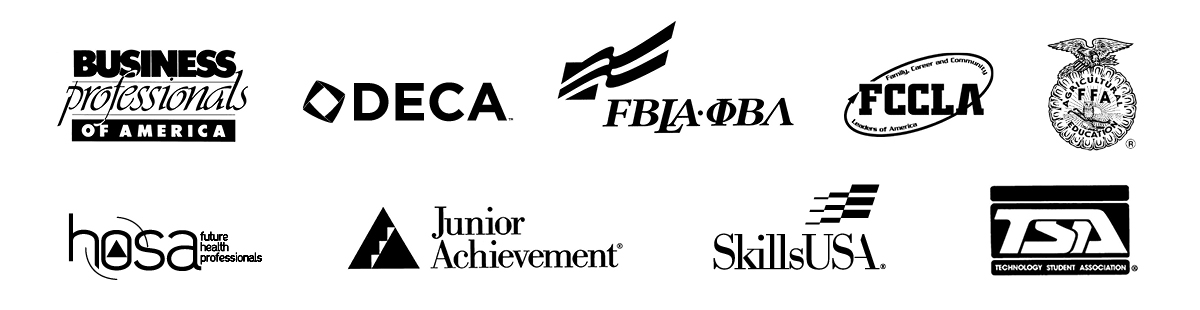 The NSO logos for BPA, DECA, FBLA-IBA, FCCLA, FFA, HOSA, Junior Achievement, SkillsUSA, and TSA